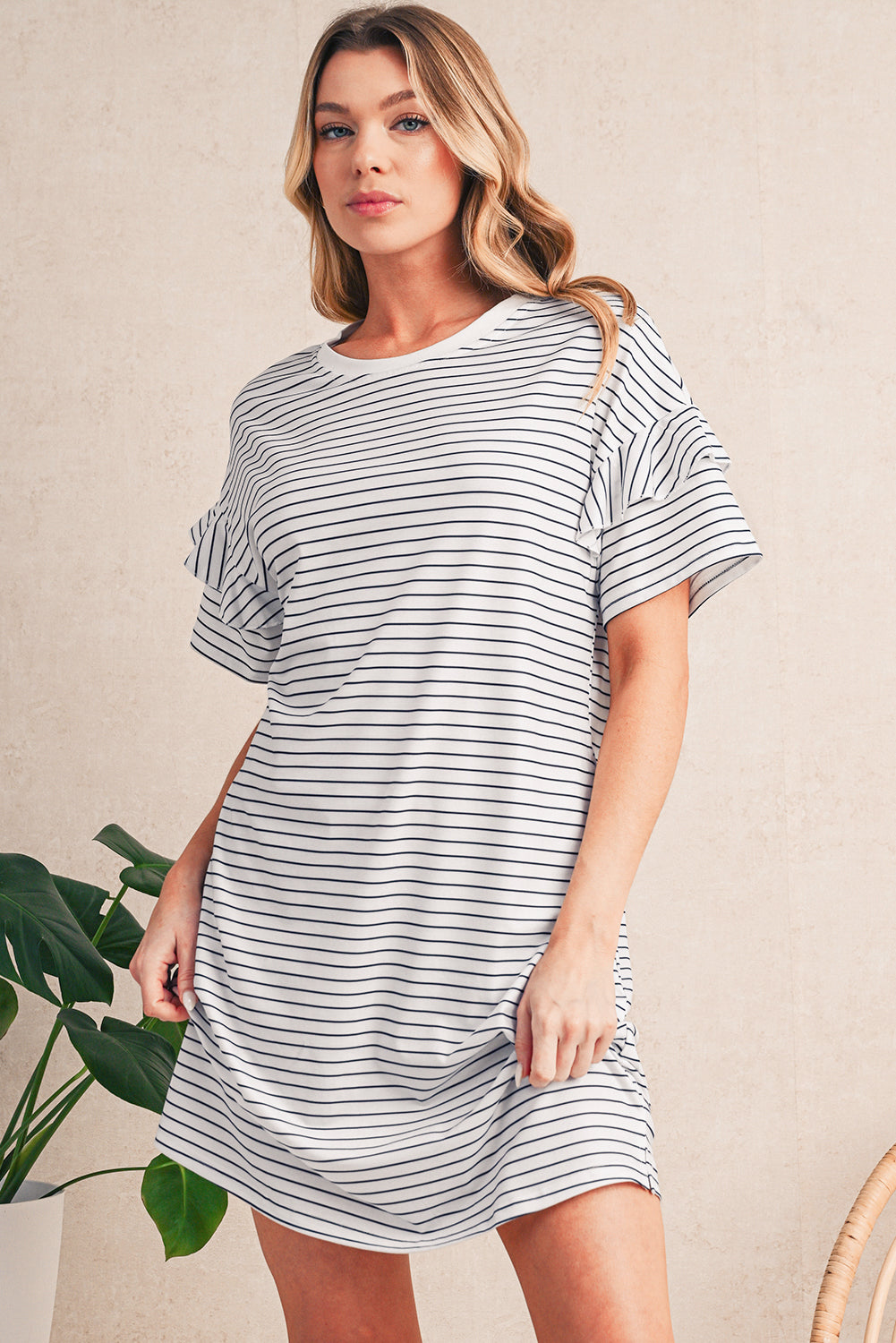 Black Stripe Ruffle Short Sleeve T Shirt Mini Dress