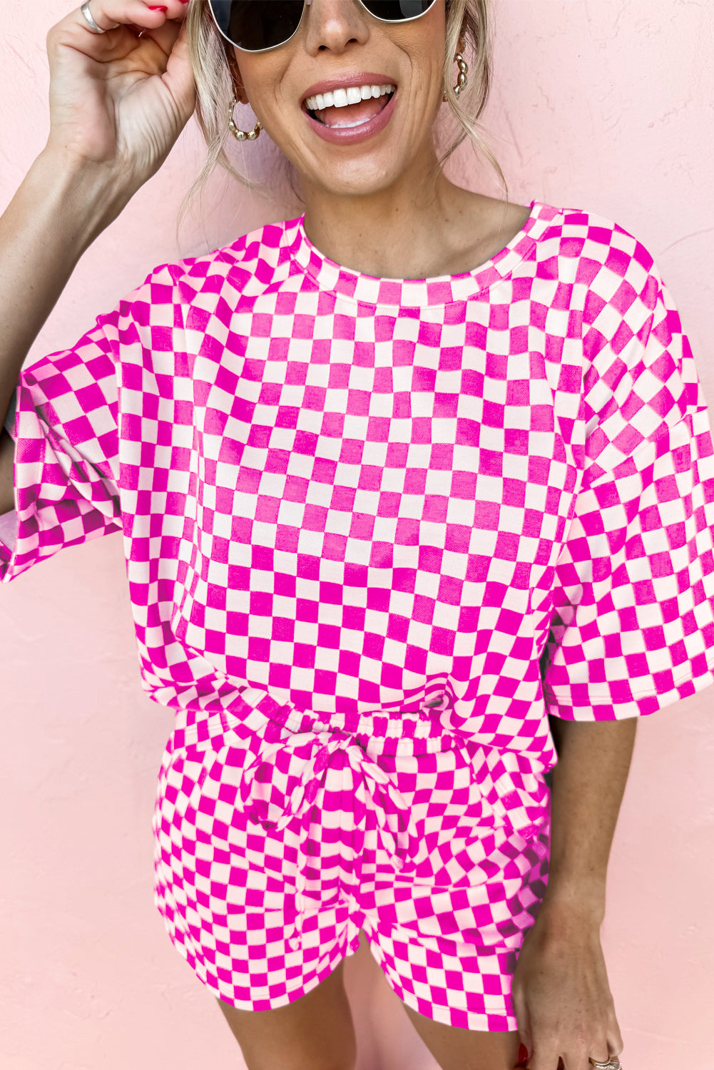 Black Checkered Top and Drawstring Shorts Pajama Set