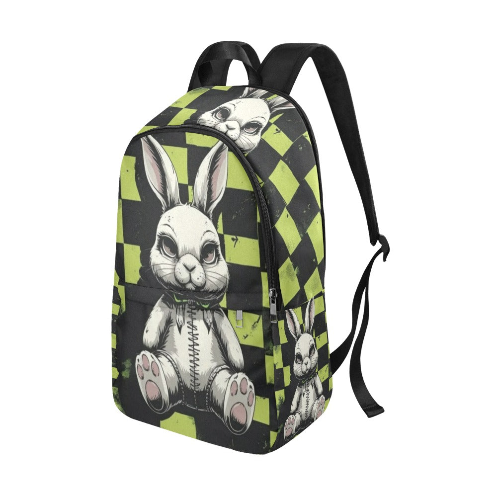 black and neon green checkerboard with gothic emo stuffed bunny Fabric Backpack for Adult (Model 1659)