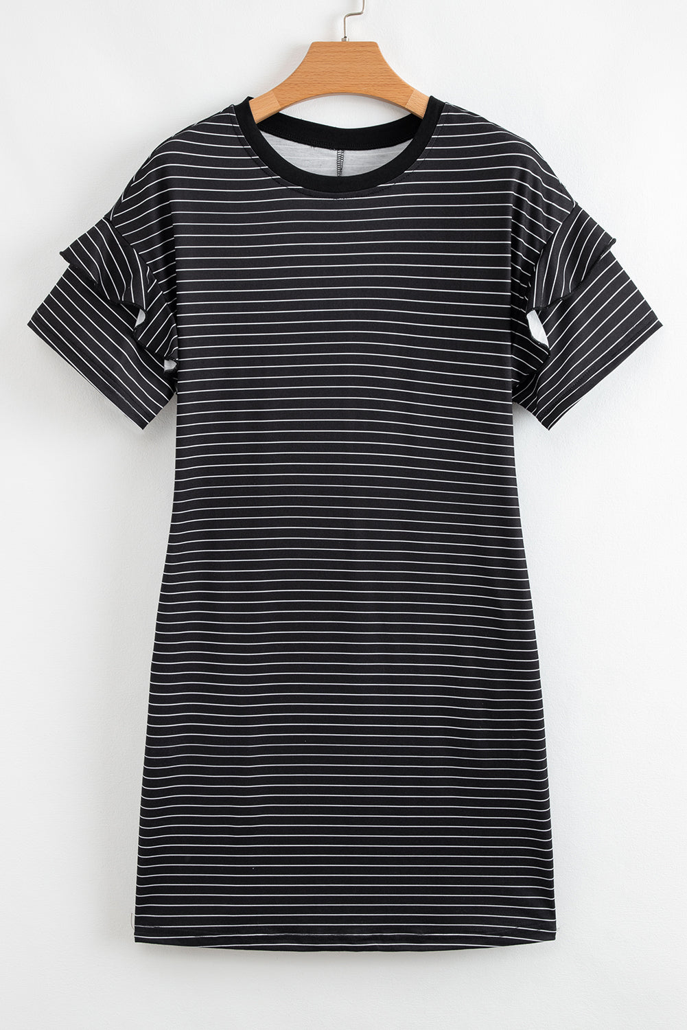Black Stripe Ruffle Short Sleeve T Shirt Mini Dress