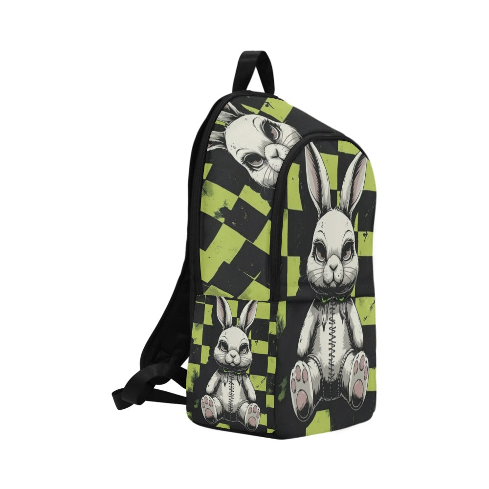 black and neon green checkerboard with gothic emo stuffed bunny Fabric Backpack for Adult (Model 1659)