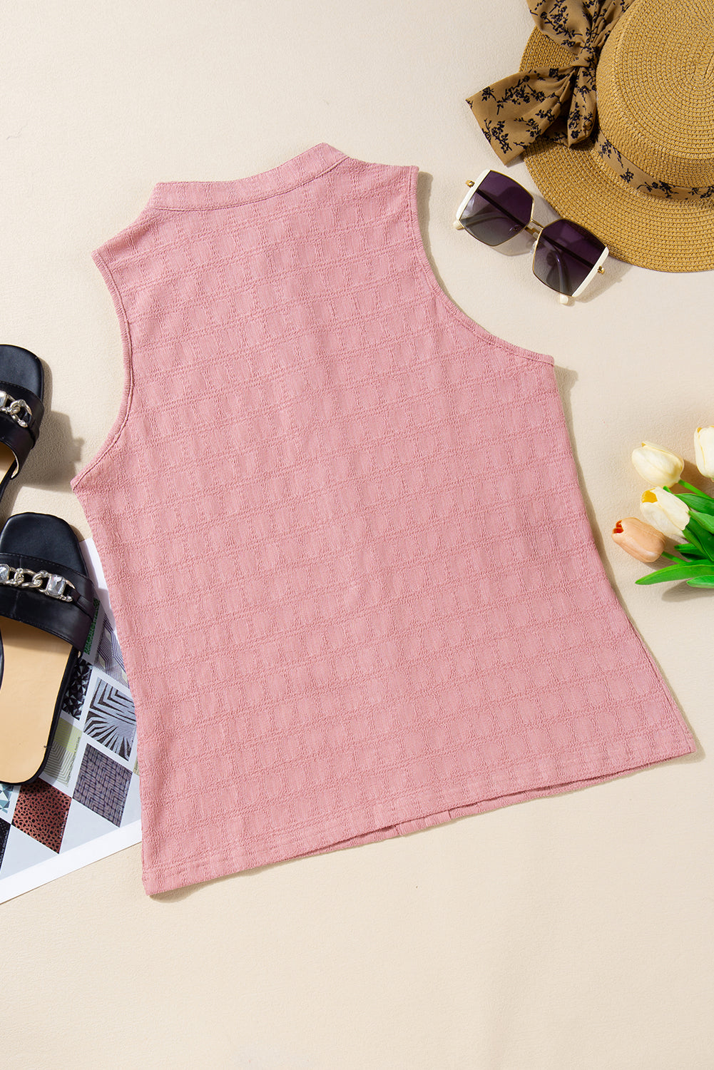 Black Textured Split V Neck Sleeveless Shirt