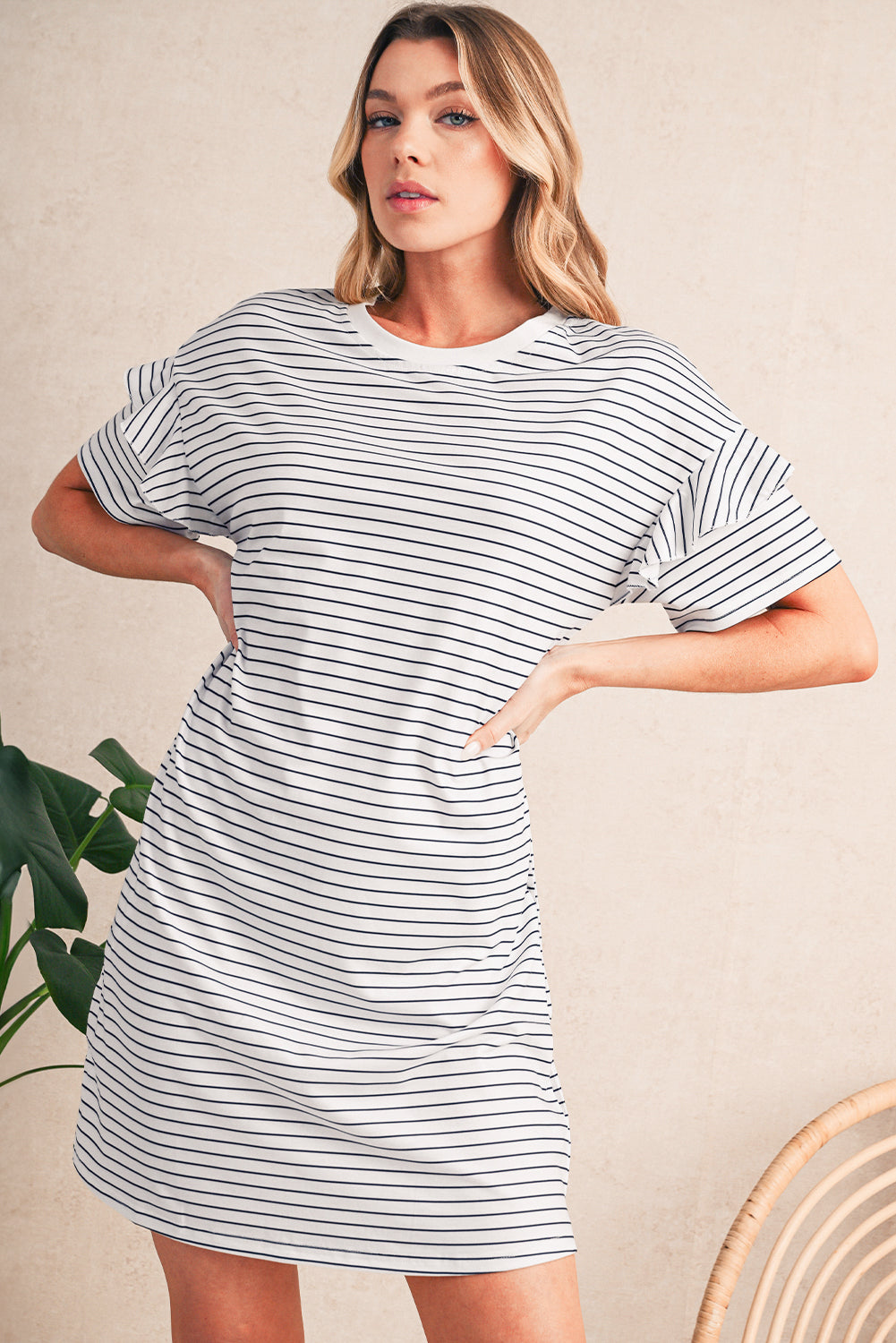 Black Stripe Ruffle Short Sleeve T Shirt Mini Dress