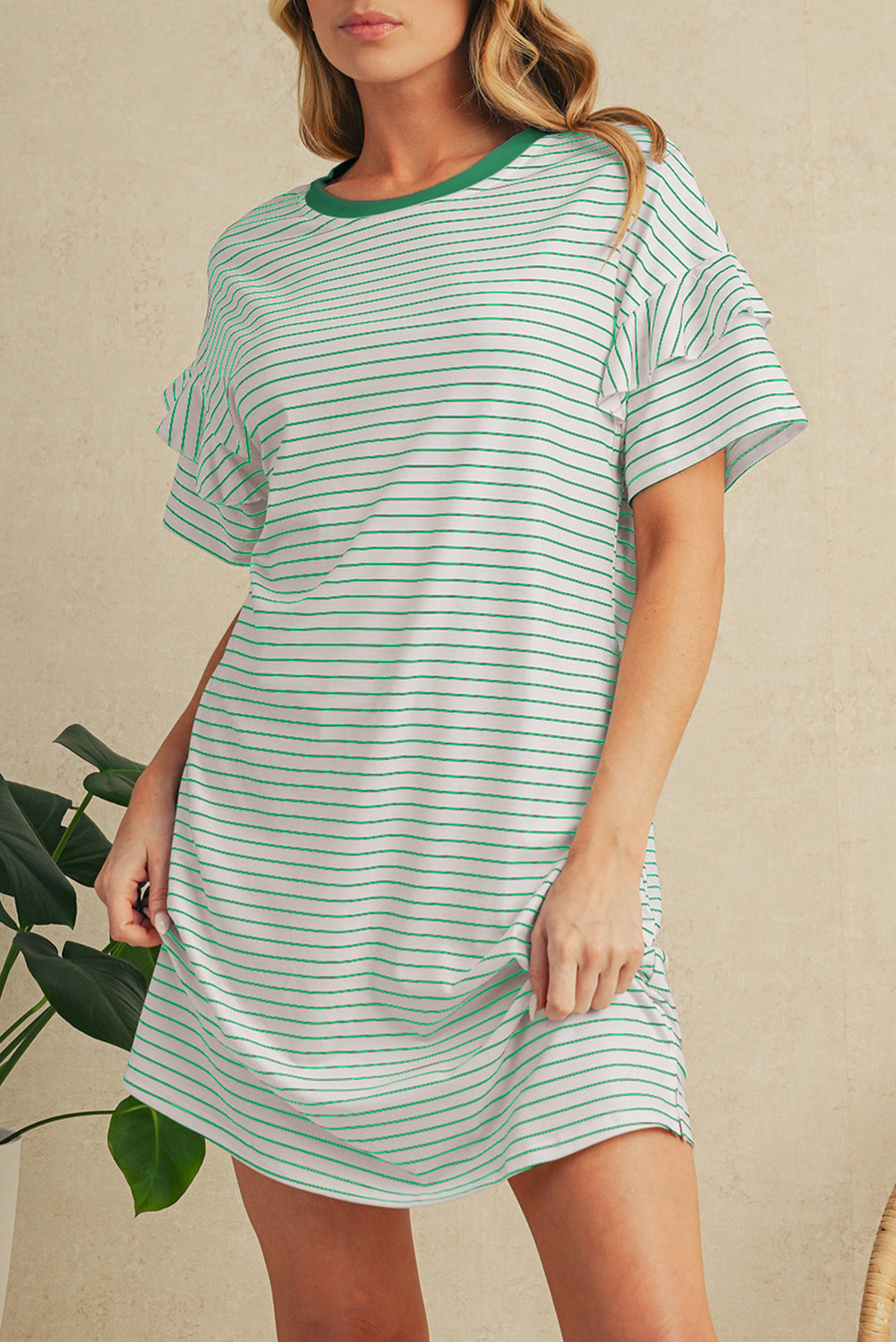 Black Stripe Ruffle Short Sleeve T Shirt Mini Dress