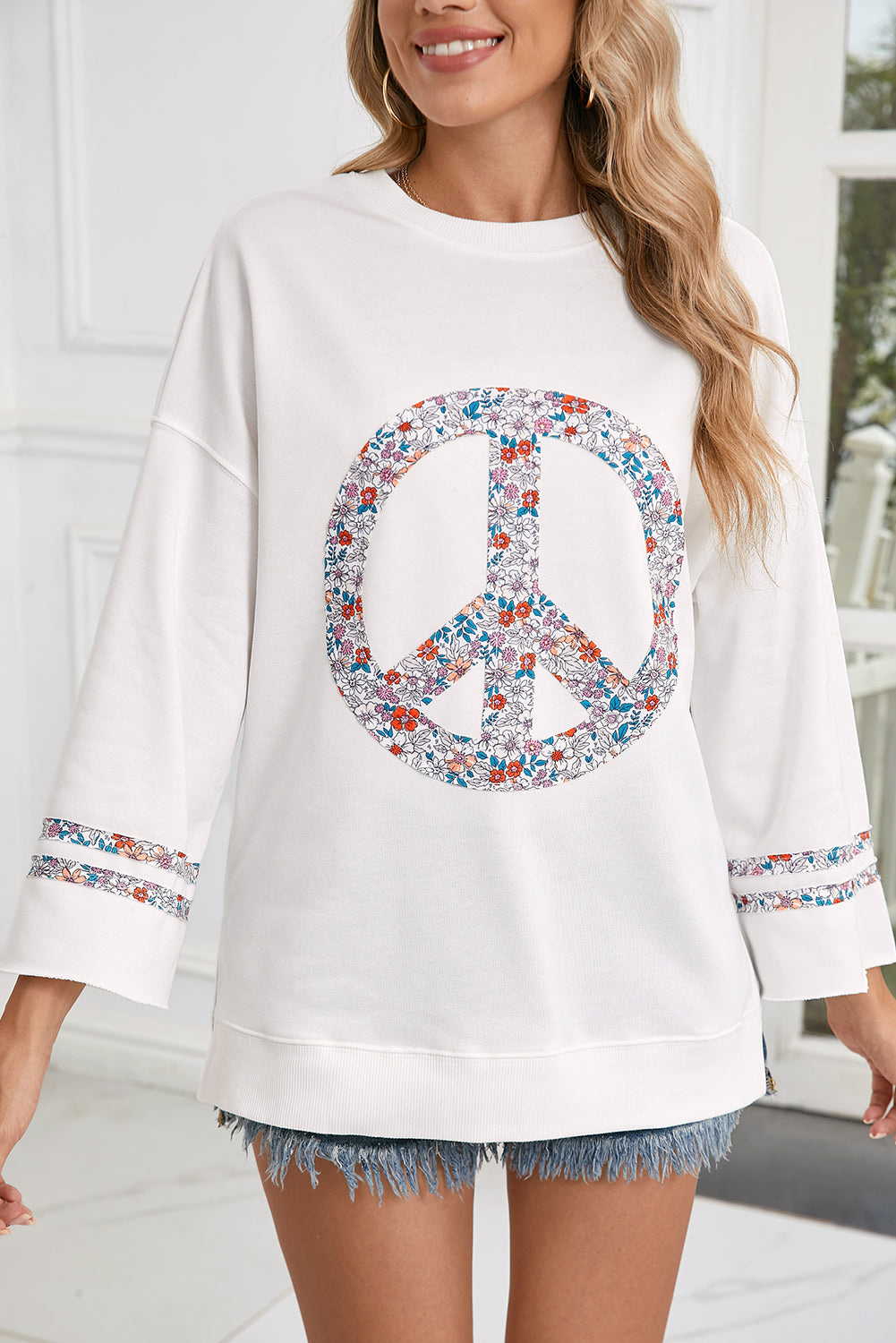 Light Pink Floral Peace Sign Drop Shoulder Top