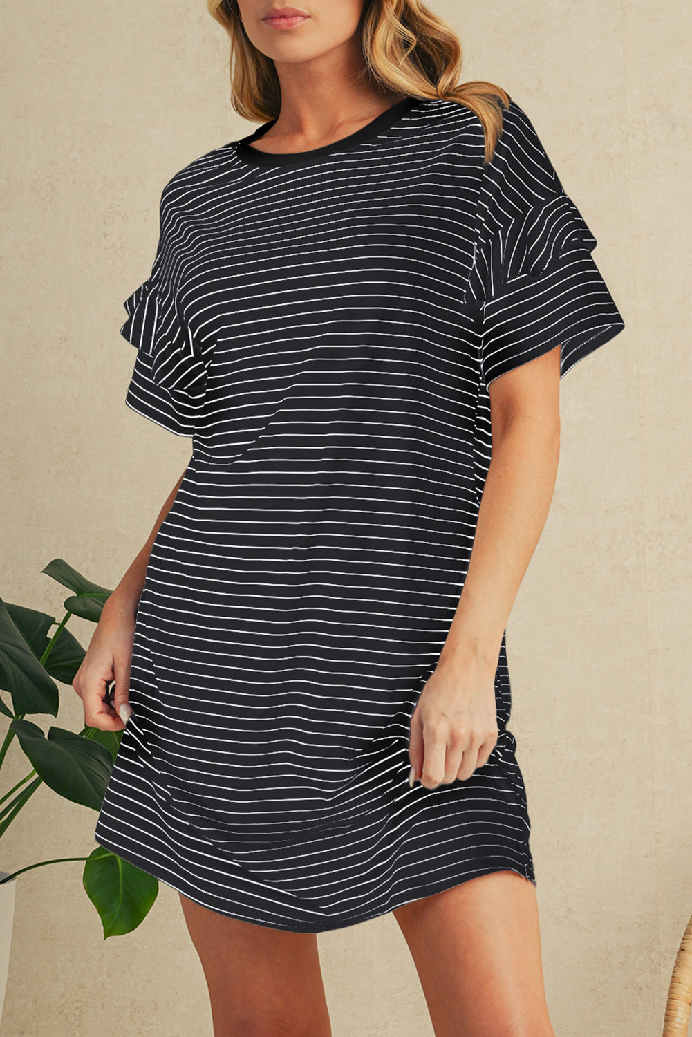 Black Stripe Ruffle Short Sleeve T Shirt Mini Dress
