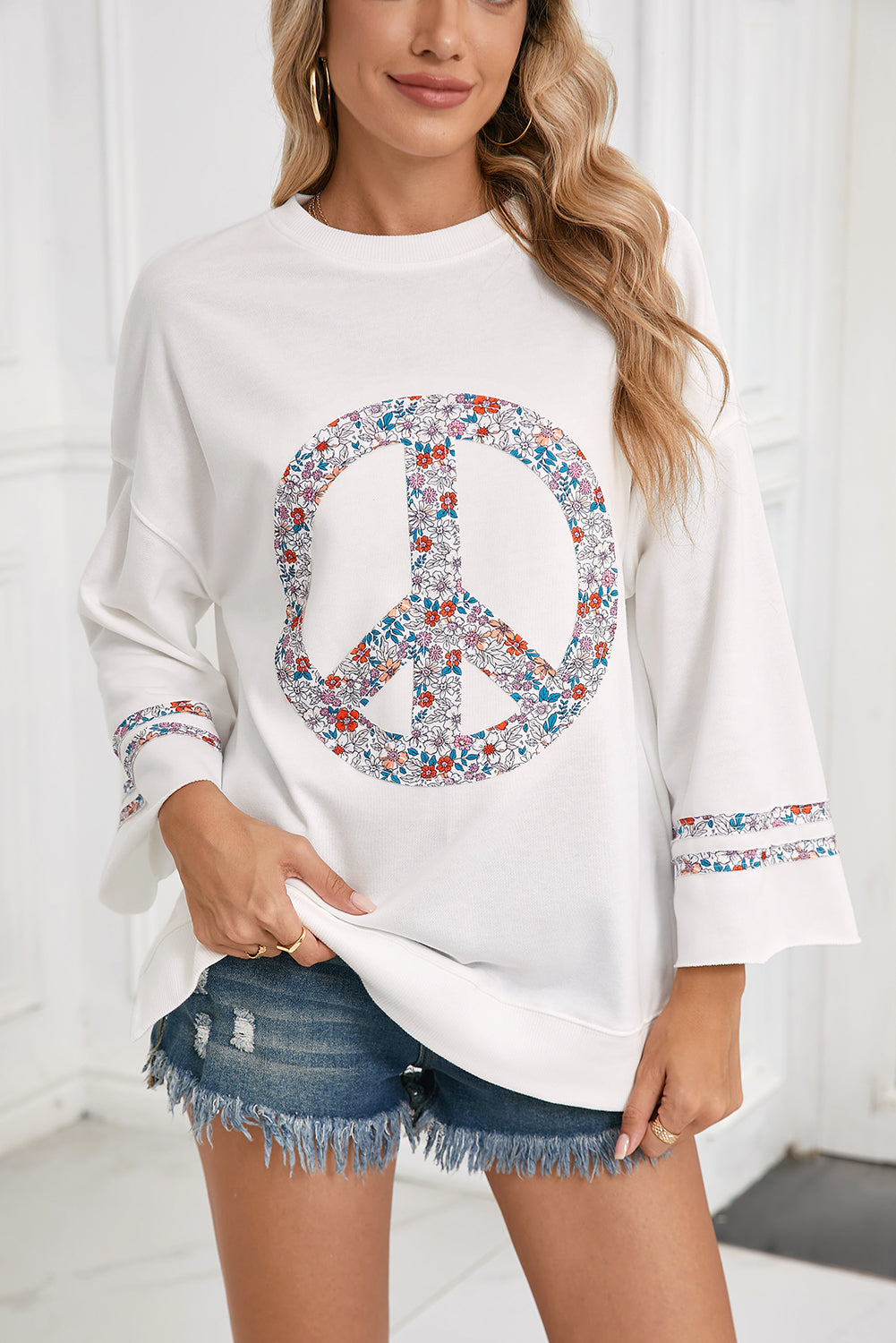 Light Pink Floral Peace Sign Drop Shoulder Top