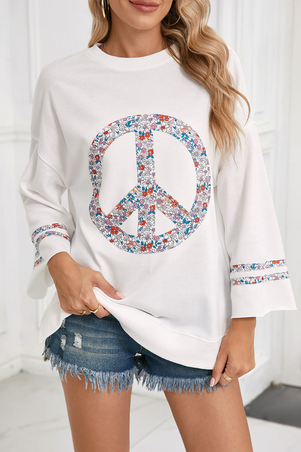 Light Pink Floral Peace Sign Drop Shoulder Top
