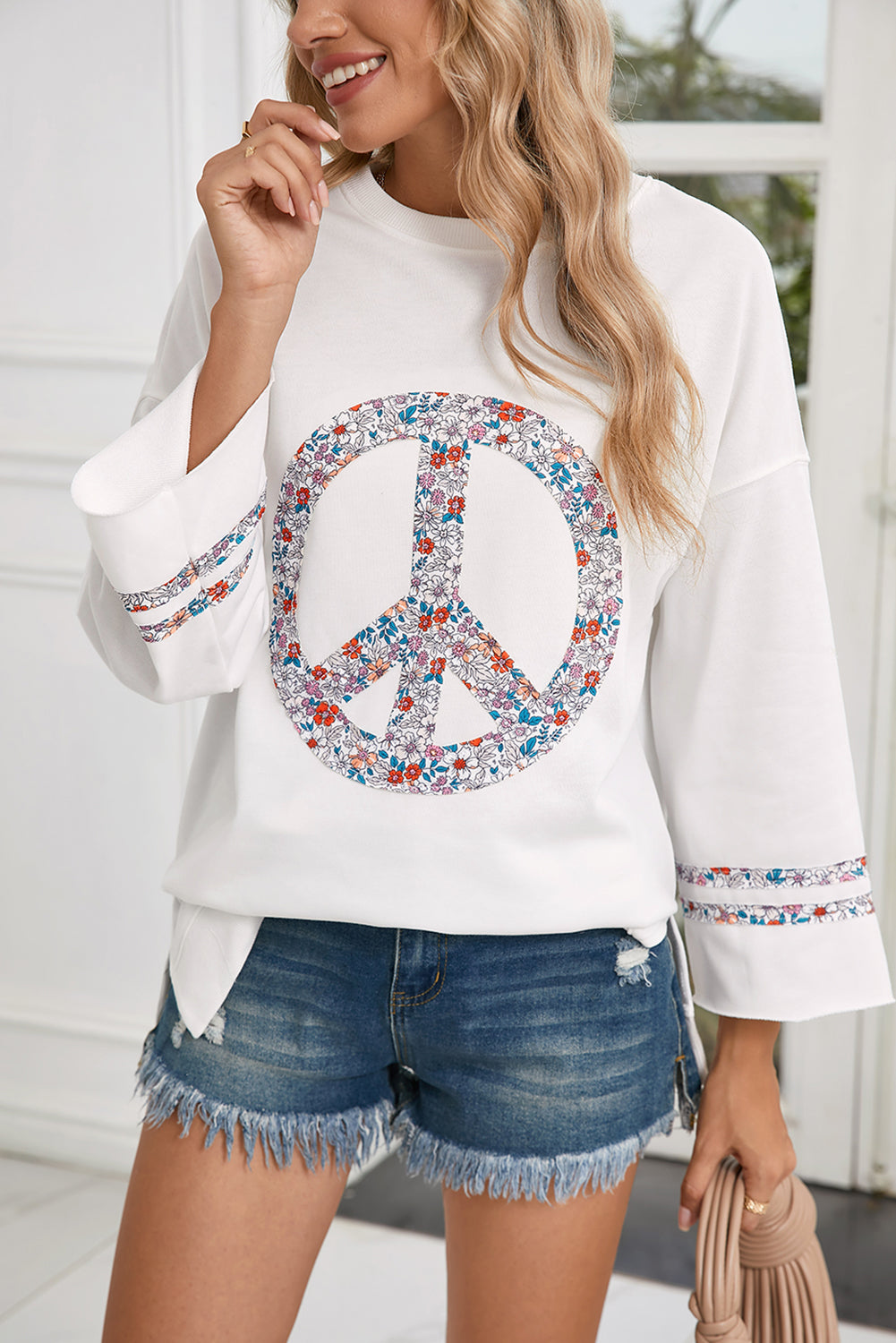 Light Pink Floral Peace Sign Drop Shoulder Top