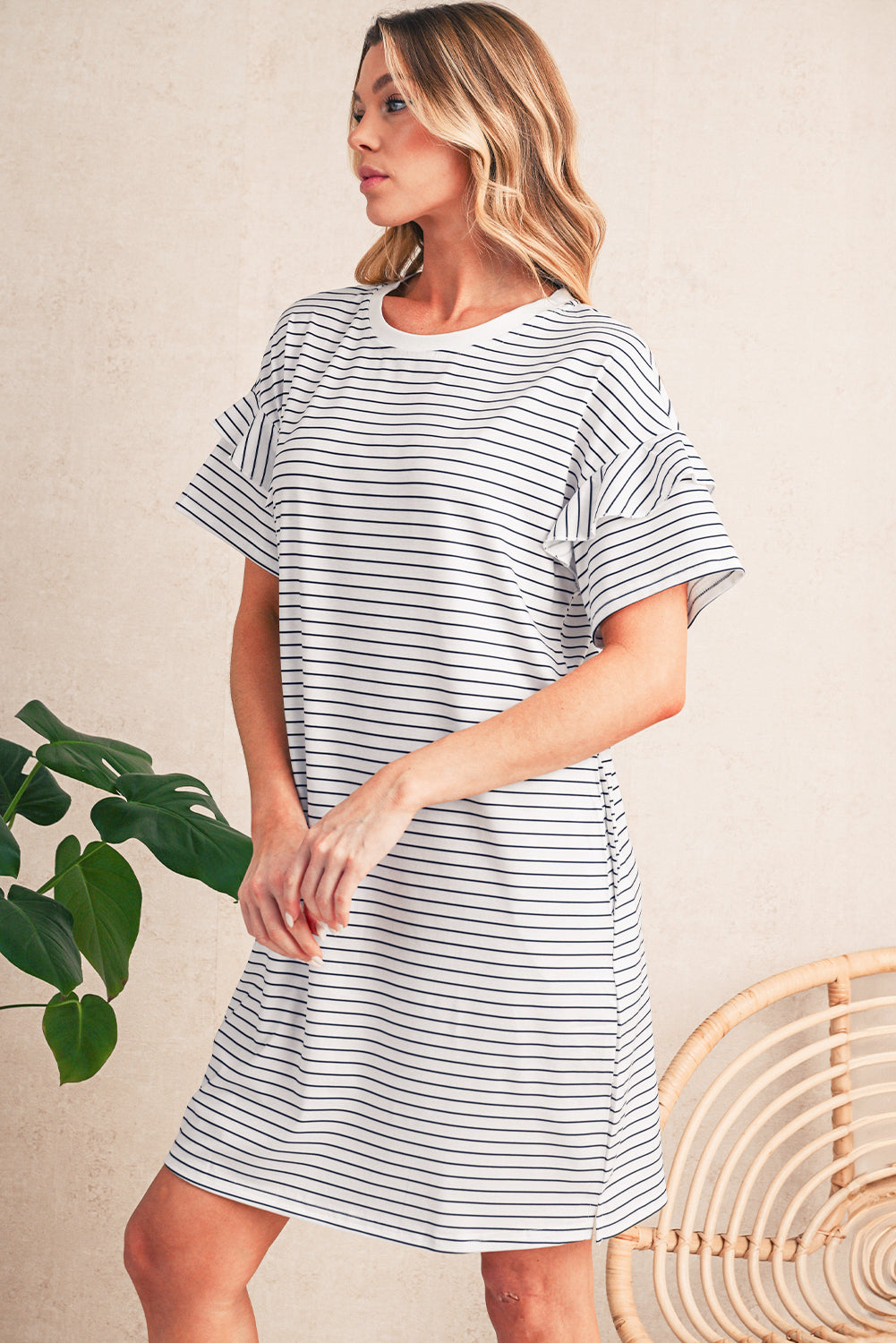 Black Stripe Ruffle Short Sleeve T Shirt Mini Dress