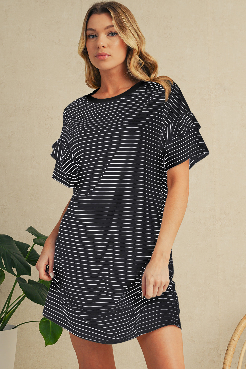 Black Stripe Ruffle Short Sleeve T Shirt Mini Dress