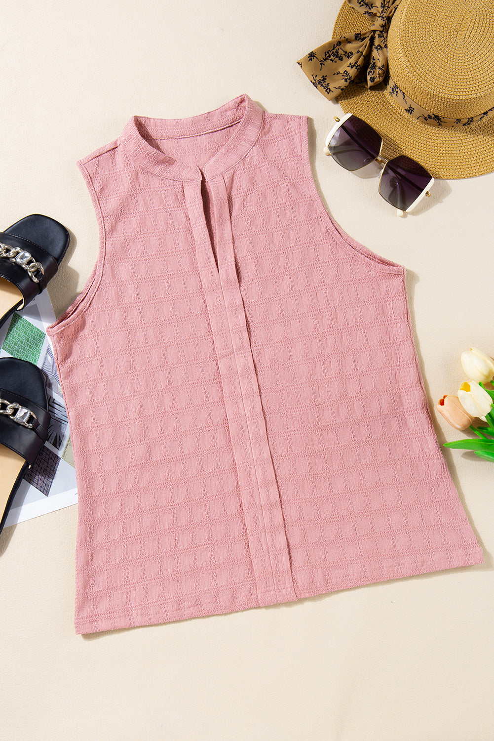 Black Textured Split V Neck Sleeveless Shirt