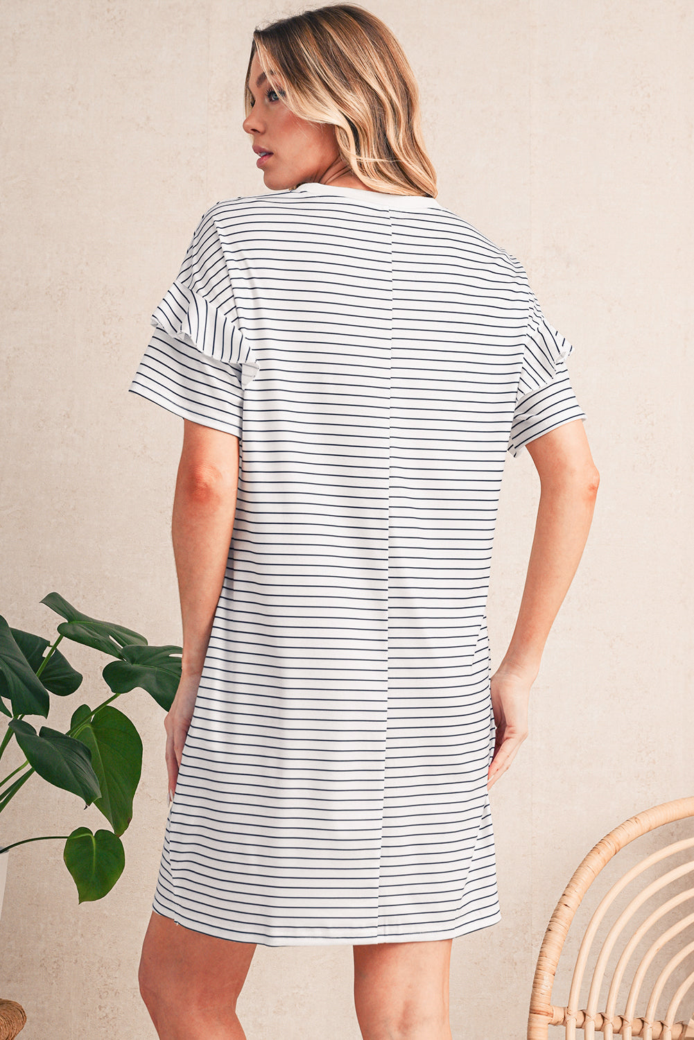 Black Stripe Ruffle Short Sleeve T Shirt Mini Dress