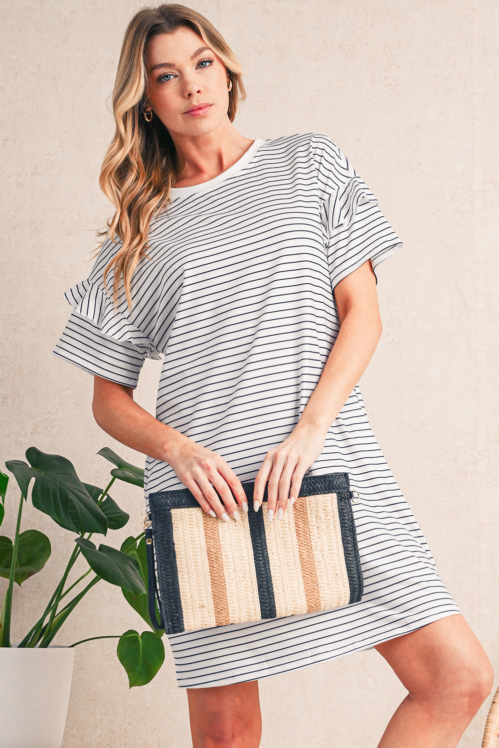 Black Stripe Ruffle Short Sleeve T Shirt Mini Dress