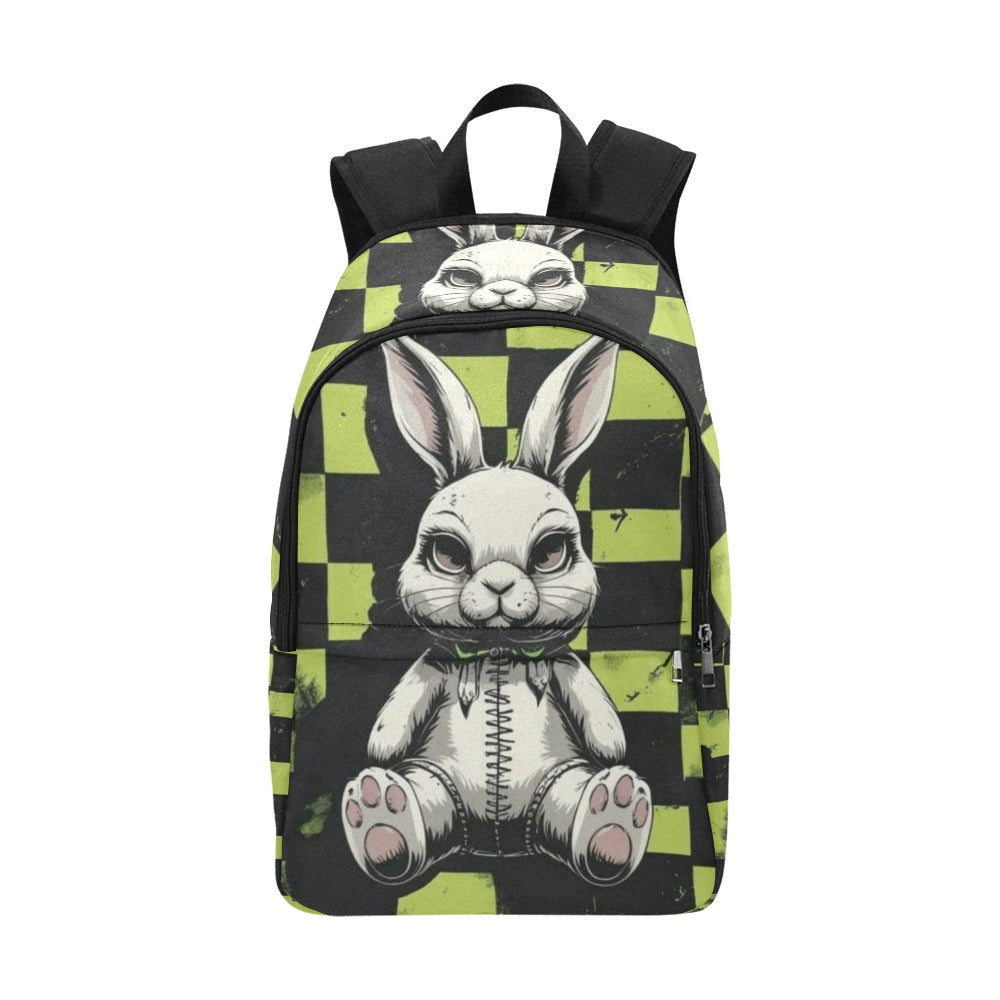 black and neon green checkerboard with gothic emo stuffed bunny Fabric Backpack for Adult (Model 1659)