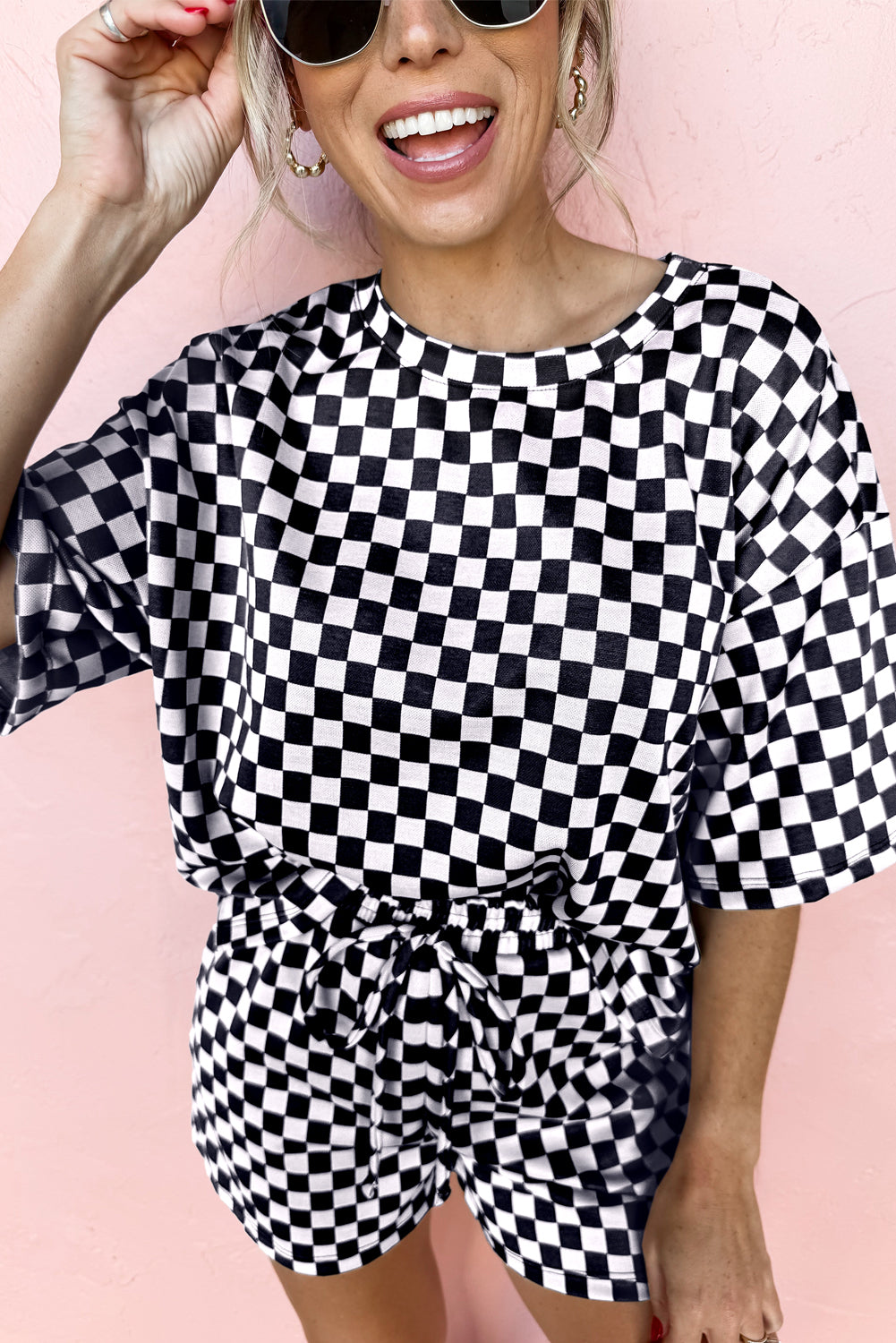 Black Checkered Top and Drawstring Shorts Pajama Set