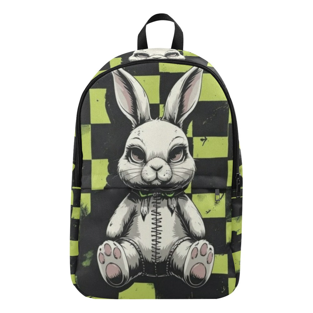 black and neon green checkerboard with gothic emo stuffed bunny Fabric Backpack for Adult (Model 1659)