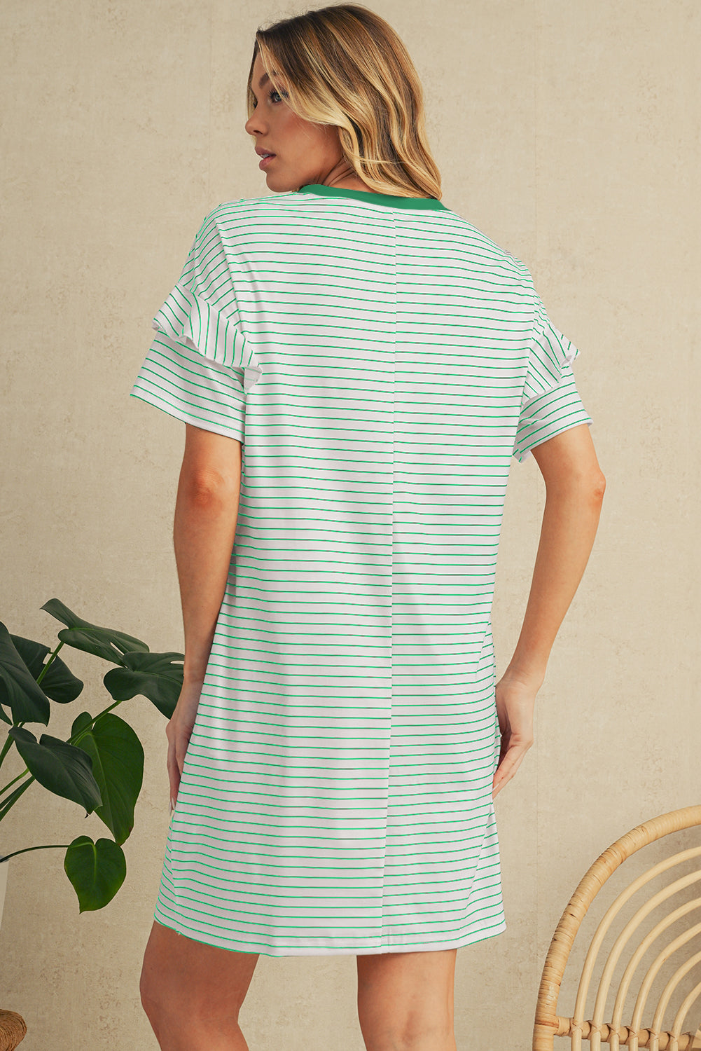 Black Stripe Ruffle Short Sleeve T Shirt Mini Dress