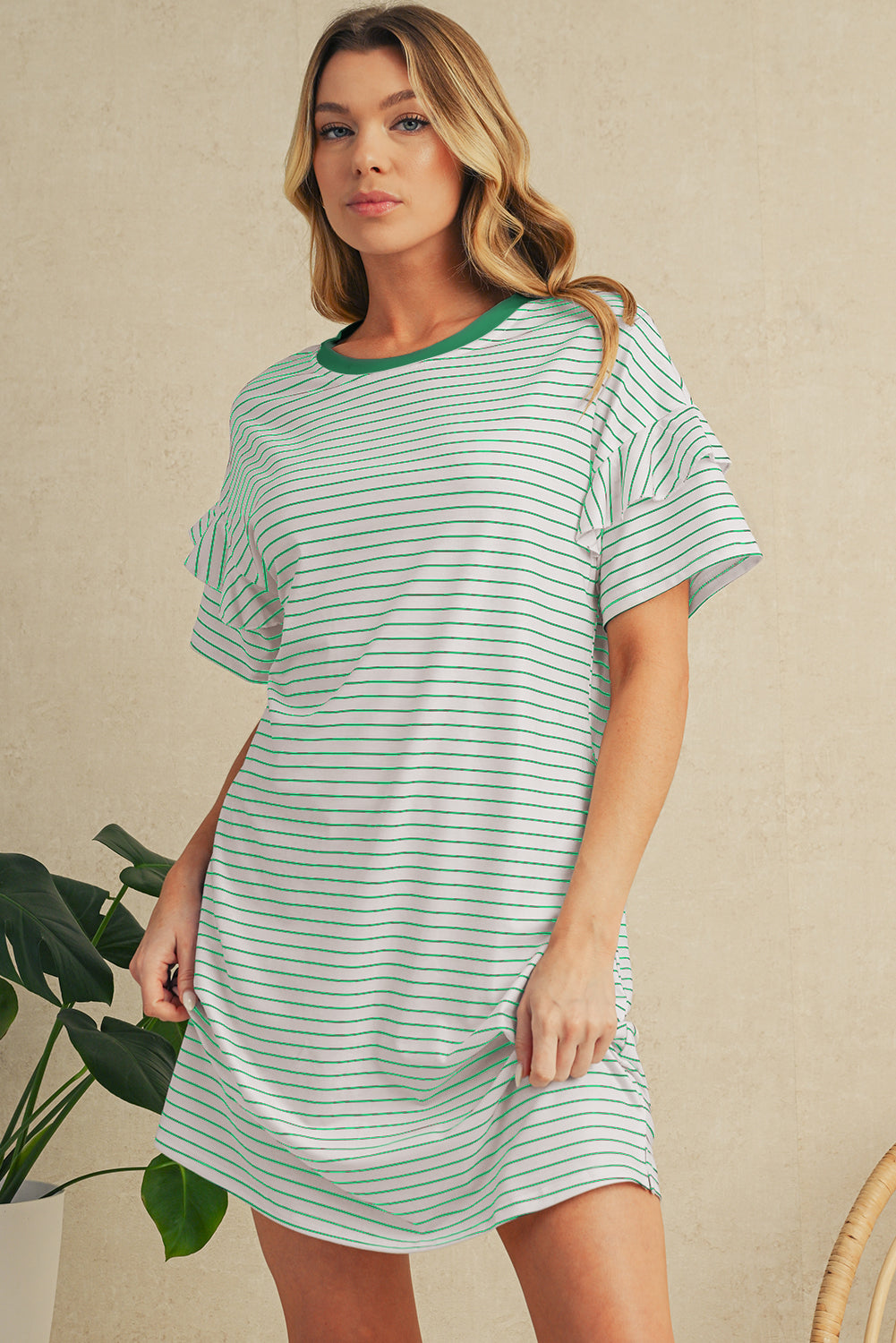 Black Stripe Ruffle Short Sleeve T Shirt Mini Dress