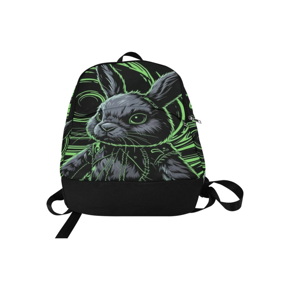 black and neon green hypnotic background with a gothic emo stuffed bunny Fabric Backpack for Adult
