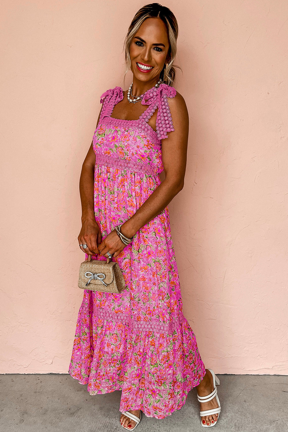 Pink Floral Lace Tied Strap Empire Waist Maxi Dress
