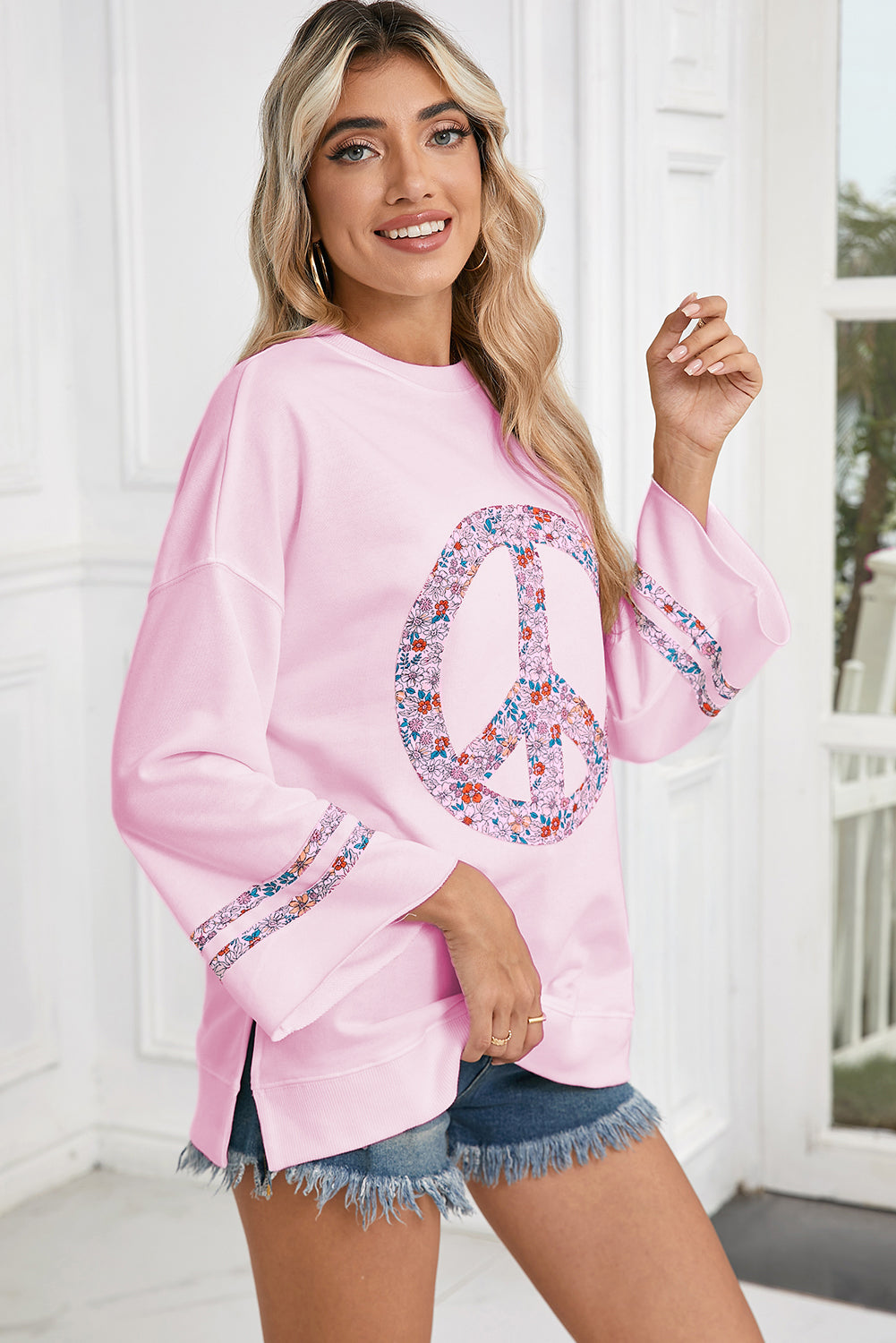 Light Pink Floral Peace Sign Drop Shoulder Top
