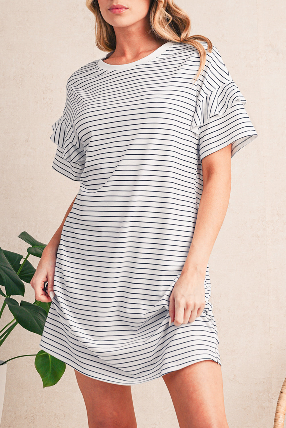 Black Stripe Ruffle Short Sleeve T Shirt Mini Dress
