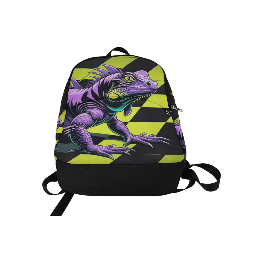 Black and neon green checkerboard background with a cartoon purple and black iguana Fabric Backpack for Adult (Model 1659)
