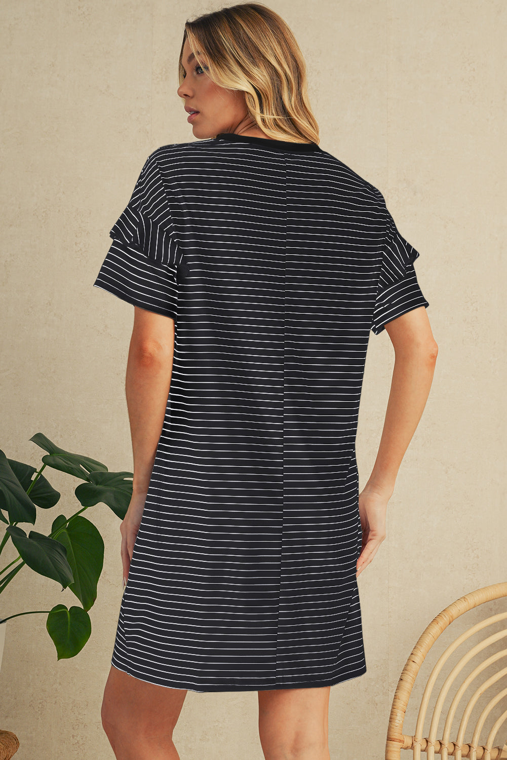 Black Stripe Ruffle Short Sleeve T Shirt Mini Dress