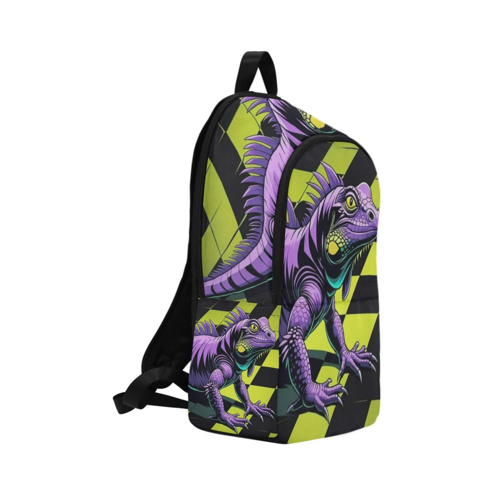 Black and neon green checkerboard background with a cartoon purple and black  iguana Fabric Backpack for Adult (Model 1659)