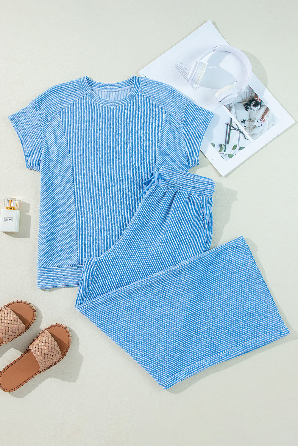 Solid Corded Short Sleeve T Shirt And Wide Leg Pants Set