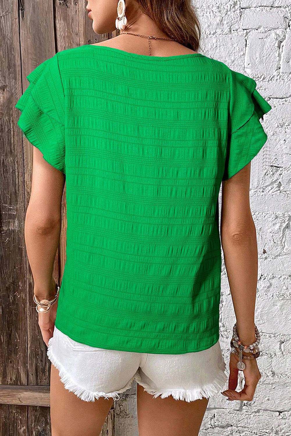 Dark Green Ruffle Sleeve Textured Smocked Blouse