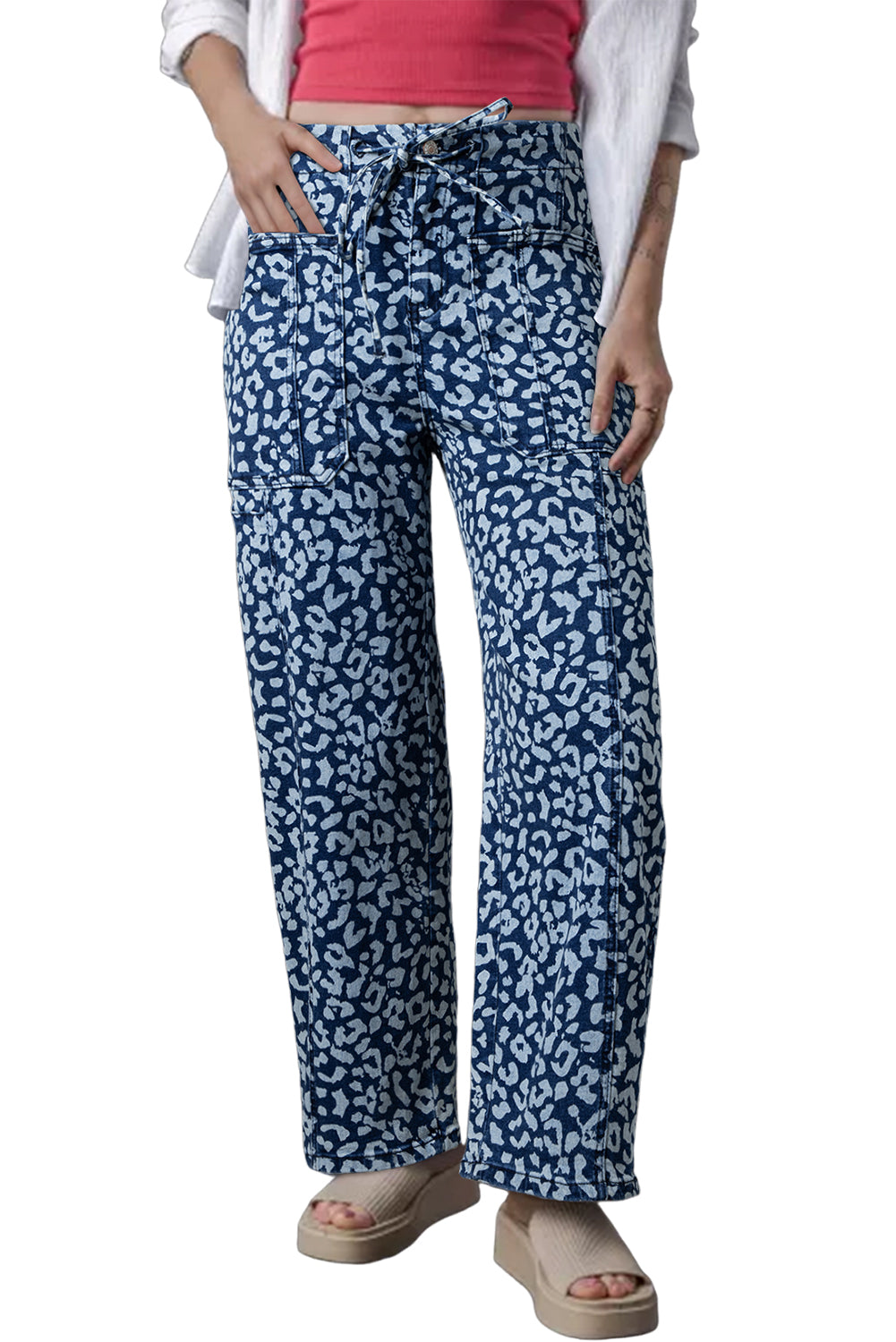 Khaki Leopard Print Drawstring Waist Pocketed Wide Leg Jeans