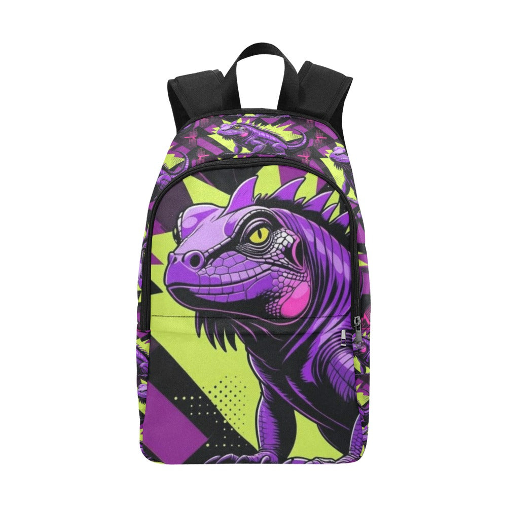 Black and neon green checkerboard background with a cartoon purple and black  iguana (2) Fabric Backpack for Adult (Model 1659)