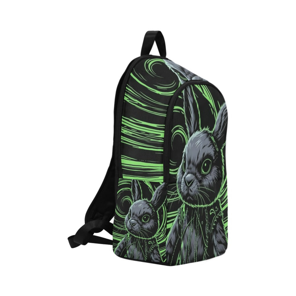 black and neon green hypnotic background with a gothic emo stuffed bunny Fabric Backpack for Adult