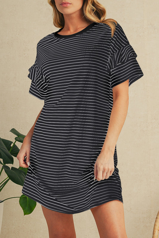 Black Stripe Ruffle Short Sleeve T Shirt Mini Dress