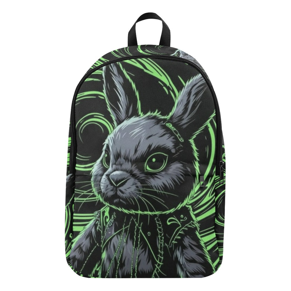 black and neon green hypnotic background with a gothic emo stuffed bunny Fabric Backpack for Adult