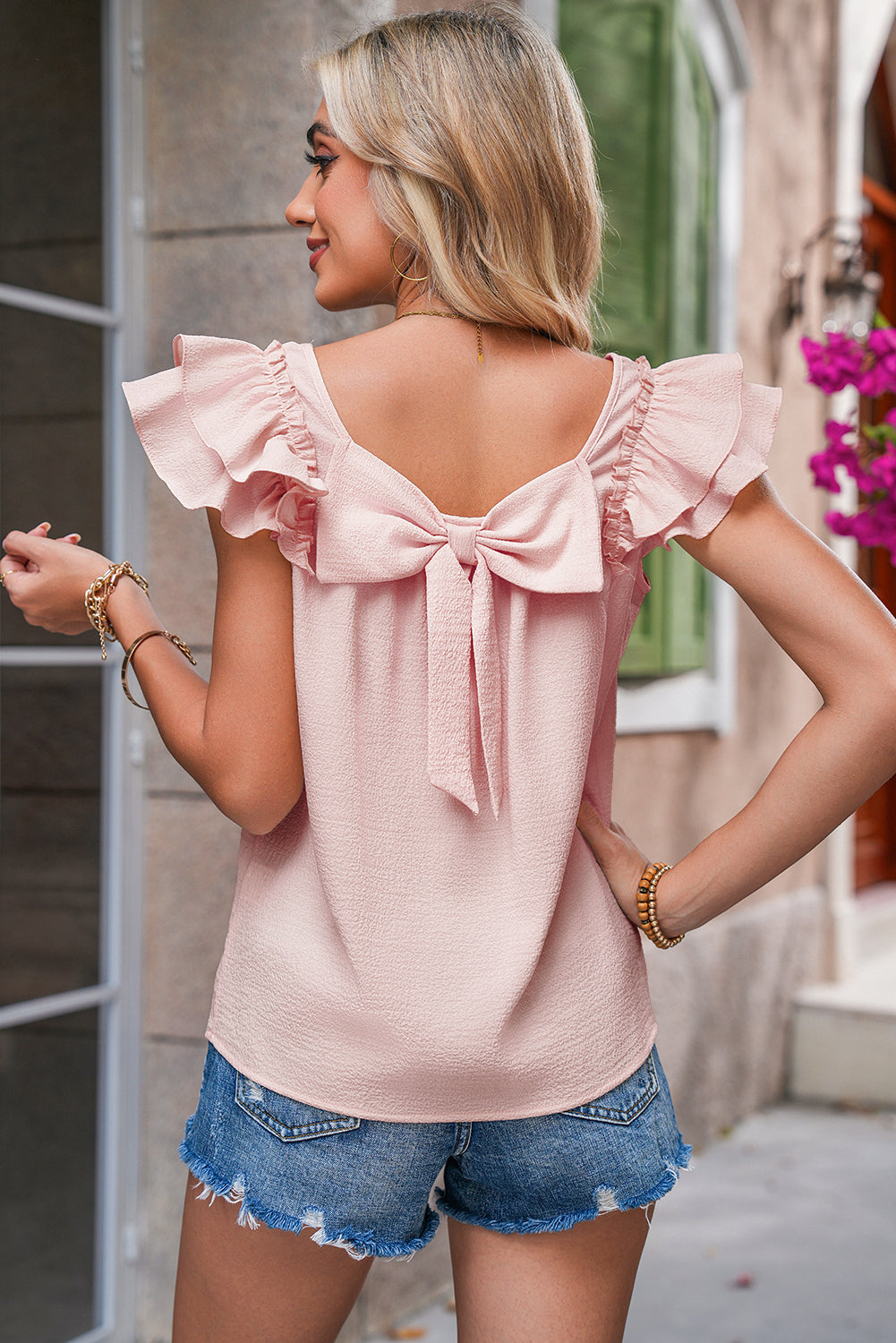 Beige Textured Bow Frilled Ruffle Sleeve Blouse