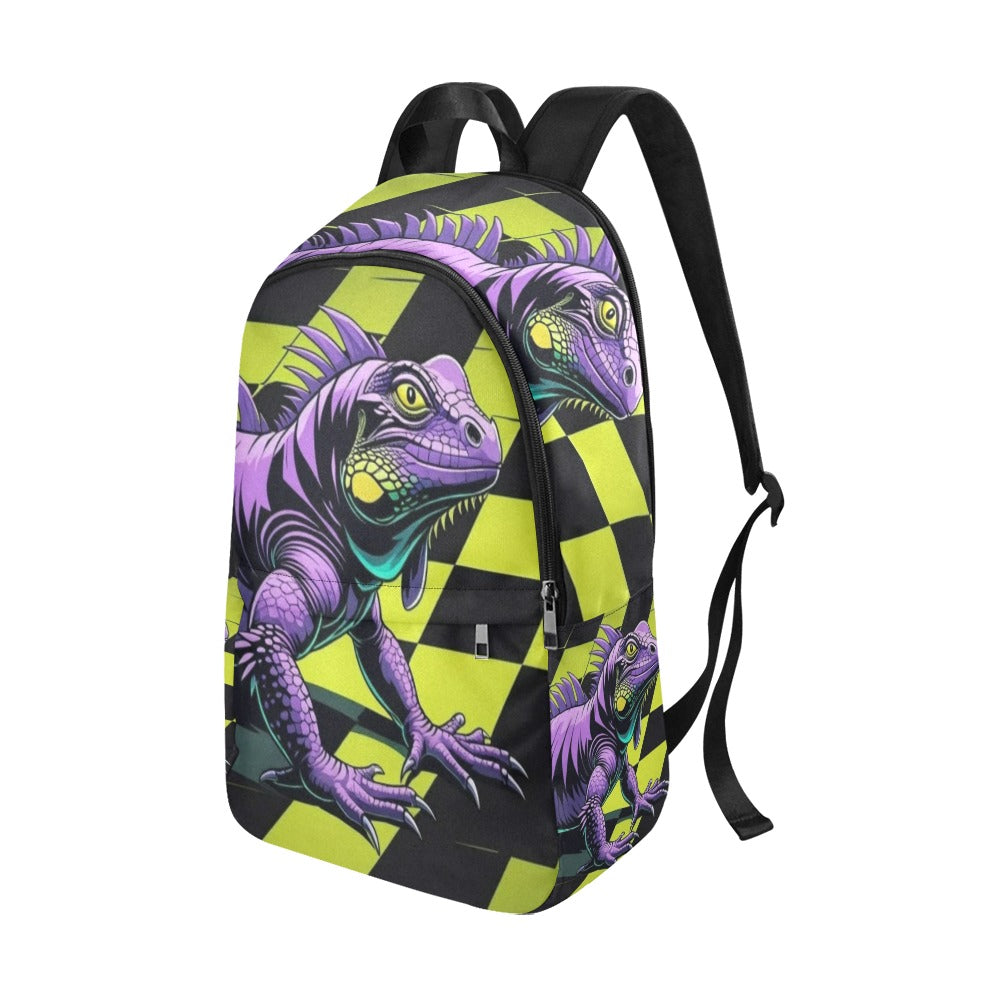 Black and neon green checkerboard background with a cartoon purple and black  iguana Fabric Backpack for Adult (Model 1659)
