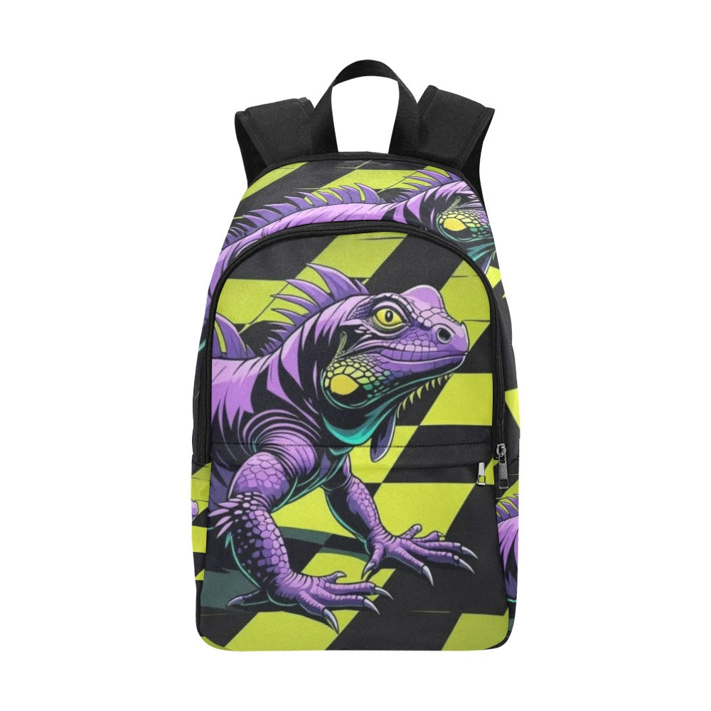 Black and neon green checkerboard background with a cartoon purple and black  iguana Fabric Backpack for Adult (Model 1659)