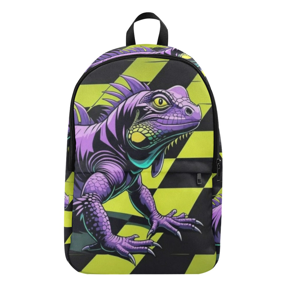 Black and neon green checkerboard background with a cartoon purple and black  iguana Fabric Backpack for Adult (Model 1659)