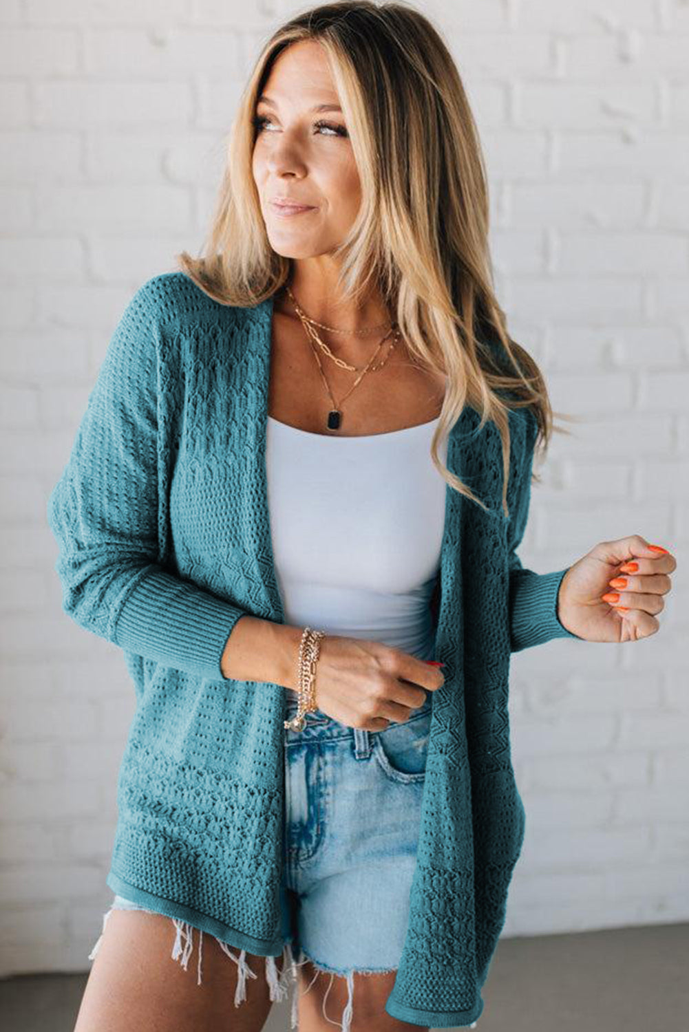Redwood Burl Mix Pattern Hollow Knit Open Front Cardigan