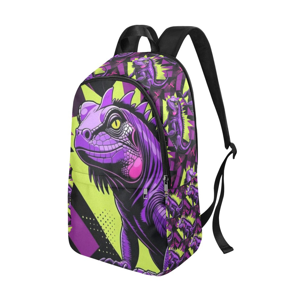 Black and neon green checkerboard background with a cartoon purple and black  iguana (2) Fabric Backpack for Adult (Model 1659)