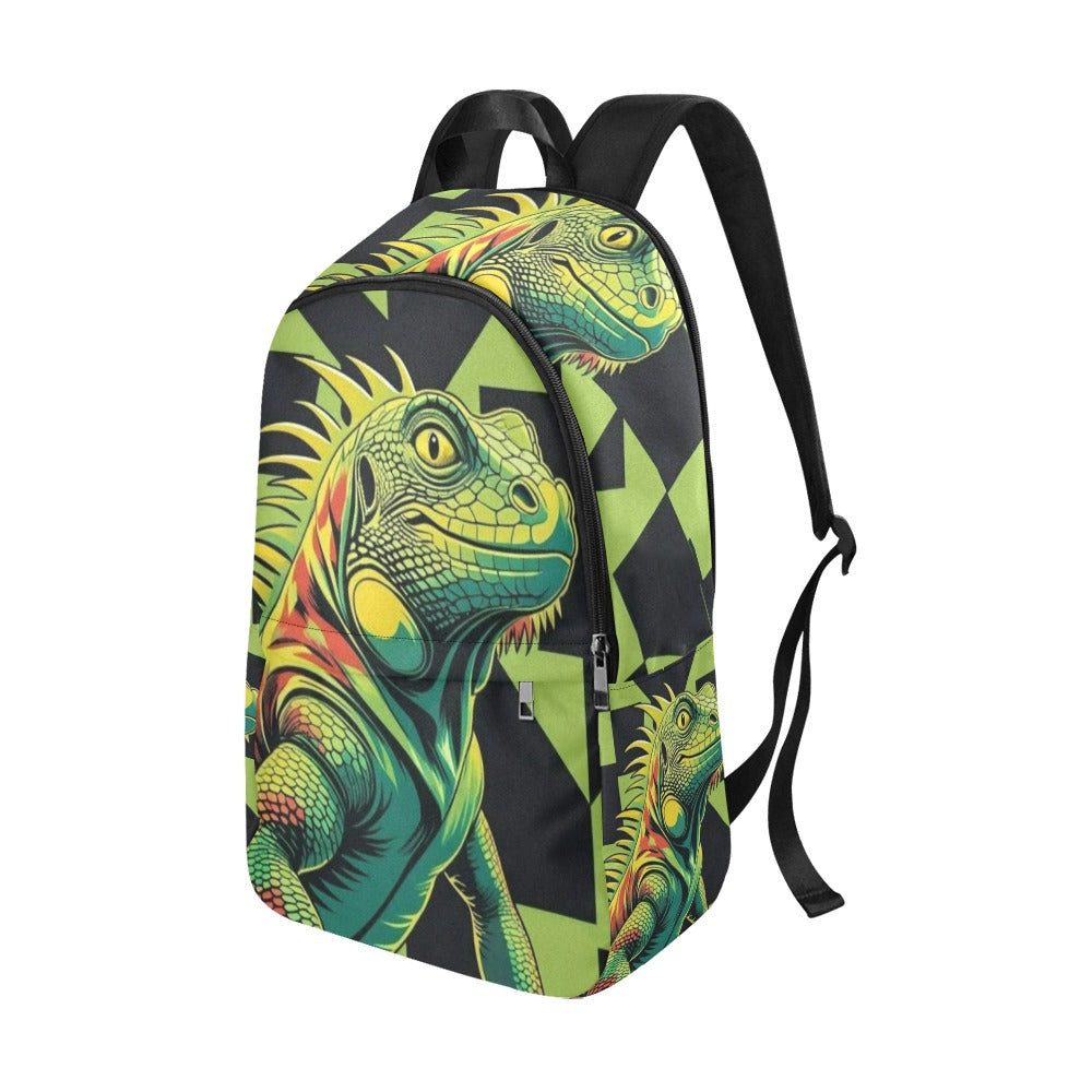 Black and neon green checkerboard background with a cartoon iguana Fabric Backpack for Adult (Model 1659)