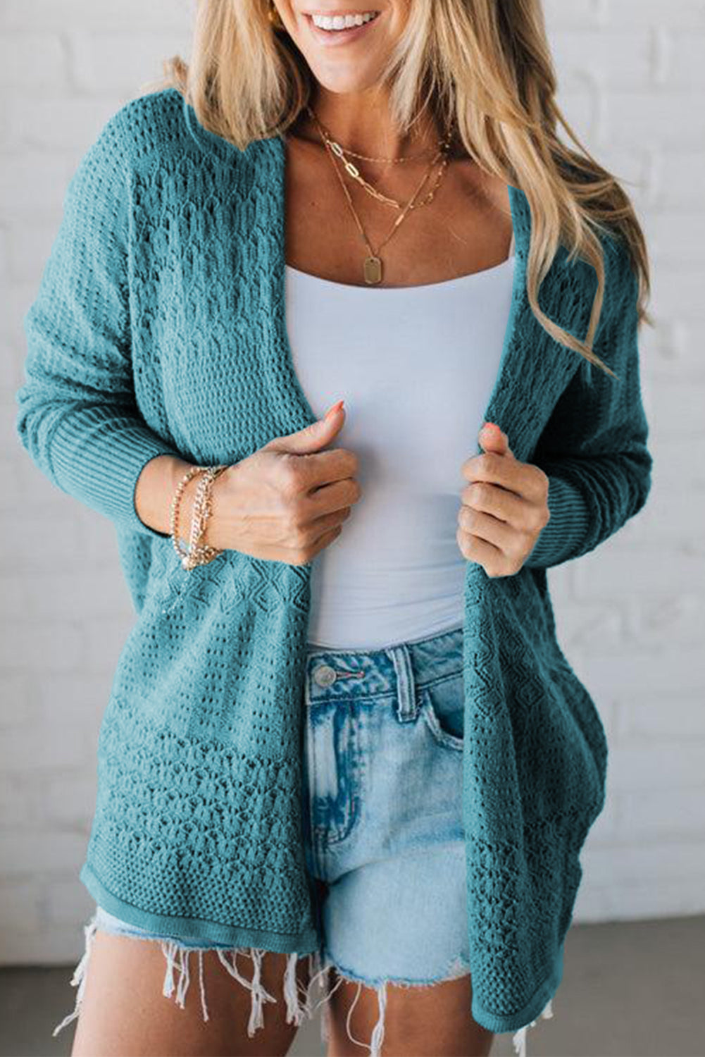 Redwood Burl Mix Pattern Hollow Knit Open Front Cardigan