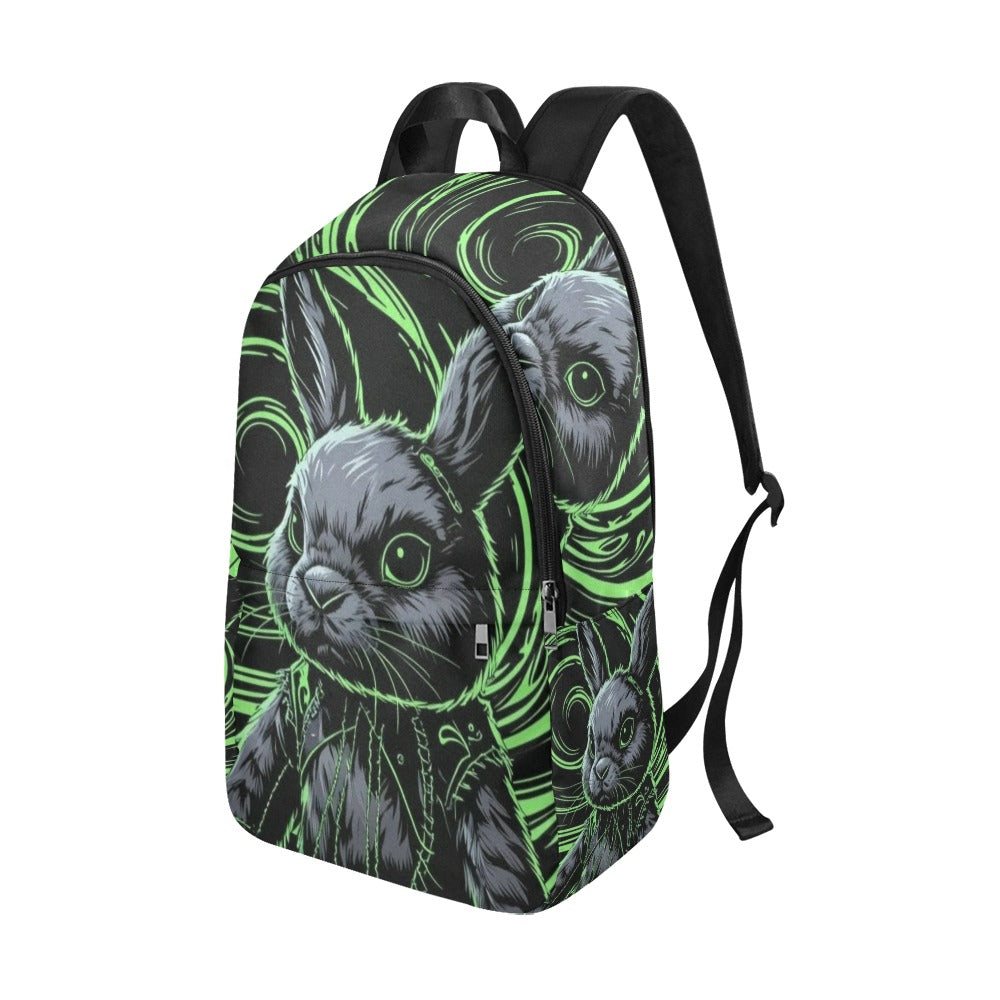 black and neon green hypnotic background with a gothic emo stuffed bunny Fabric Backpack for Adult