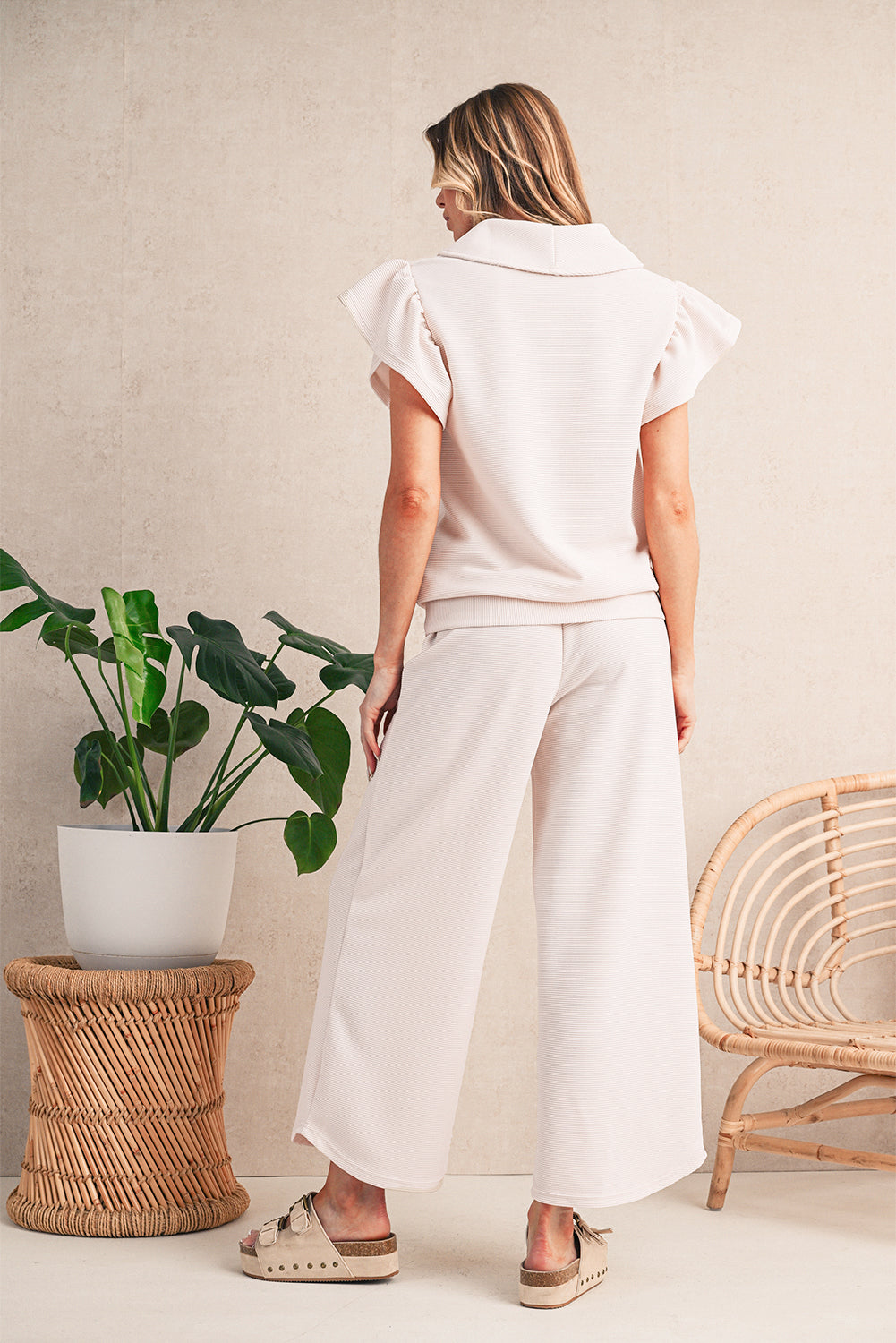 Black Textured Ruffle Sleeve Zipped Top and Wide Leg Pants Set