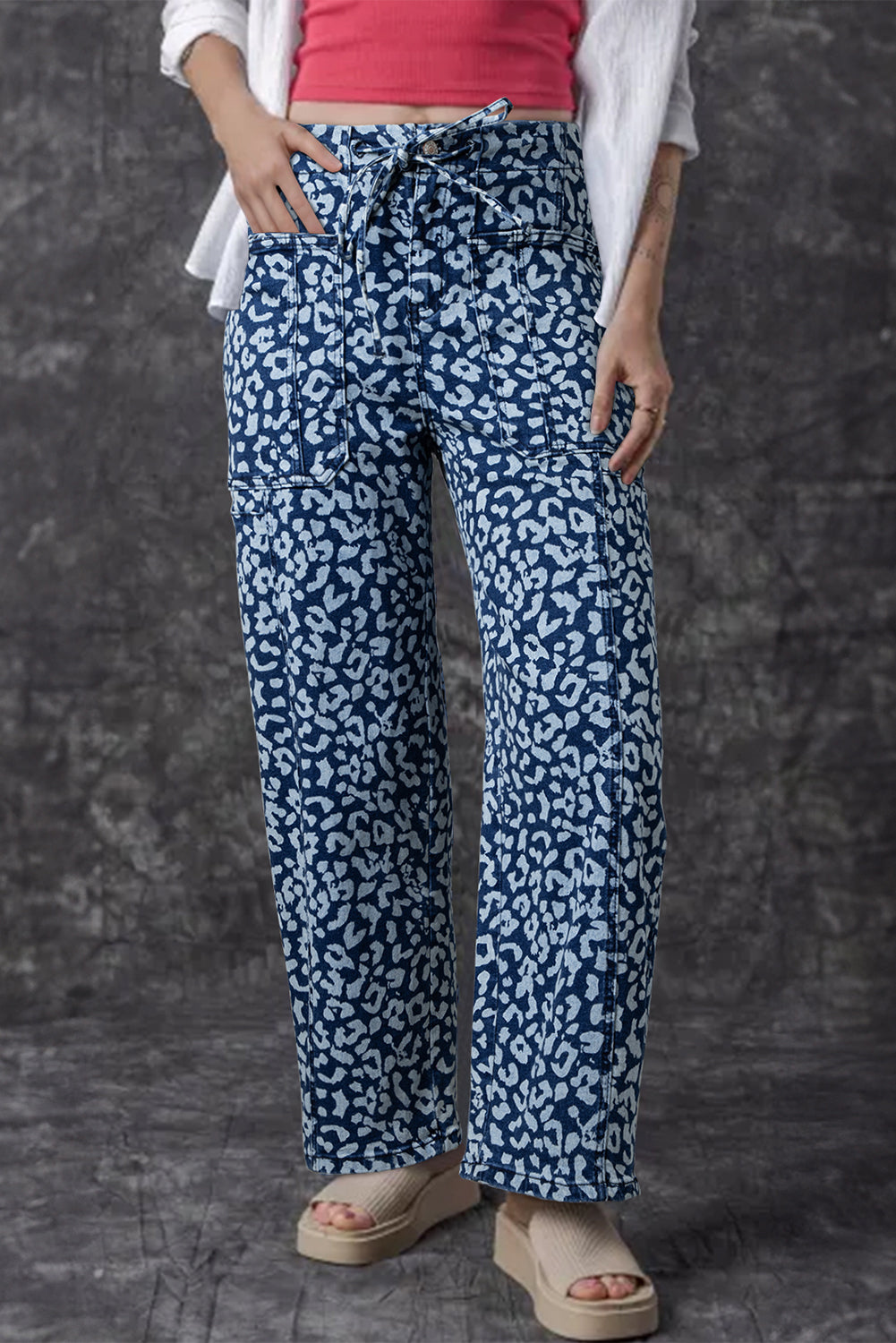 Khaki Leopard Print Drawstring Waist Pocketed Wide Leg Jeans
