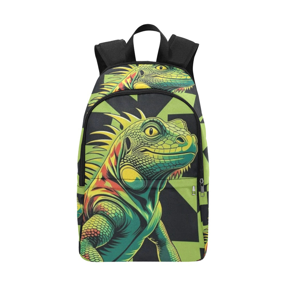 Black and neon green checkerboard background with a cartoon iguana Fabric Backpack for Adult (Model 1659)