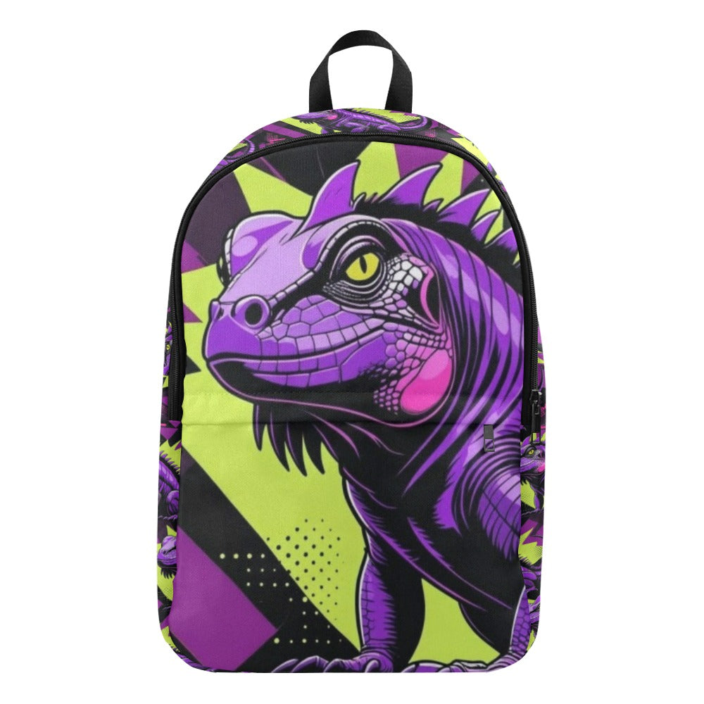 Black and neon green checkerboard background with a cartoon purple and black  iguana (2) Fabric Backpack for Adult (Model 1659)
